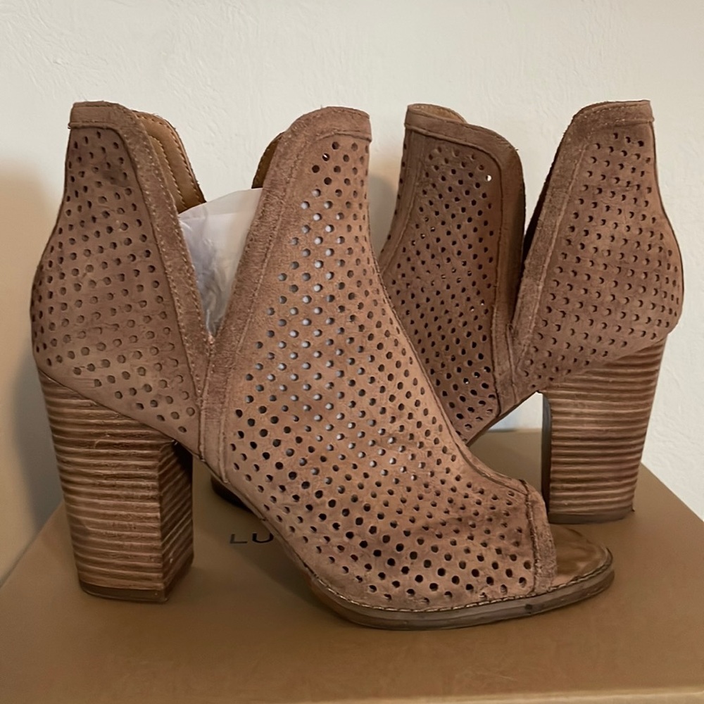 Lucky brand open toed heeled booties.